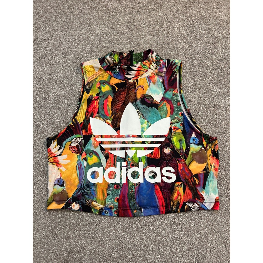 Adidas Originals Crop Top Women Medium Multi Color Tropical Bird Print Excellent